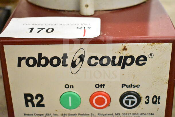 Robot Coupe R2N commercial food processor, 120V, 1 phase. Shows power buttons and 3 Qt capacity. Slight wear visible.