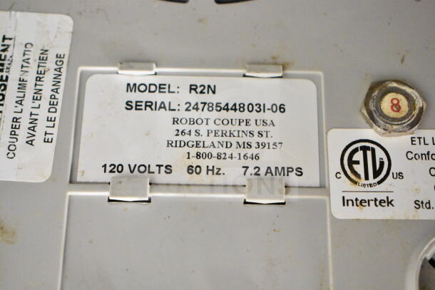 Robot Coupe R2N food processor label showing model, serial, 120V, 60Hz, 7.2A details, ETL listed.