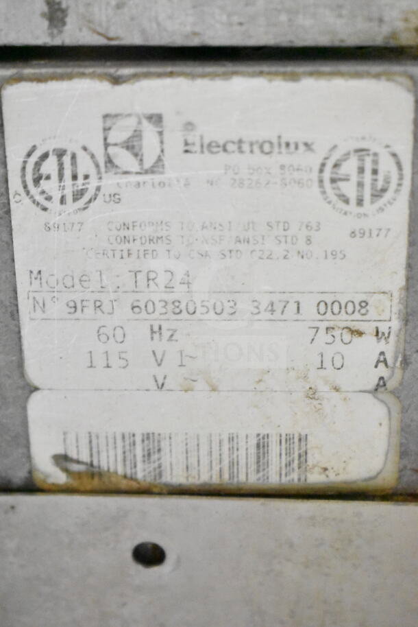 Electrolux TR24 Commercial Food Processor label, showing model, voltage (115V), frequency (60Hz), power (750W), and certification details.