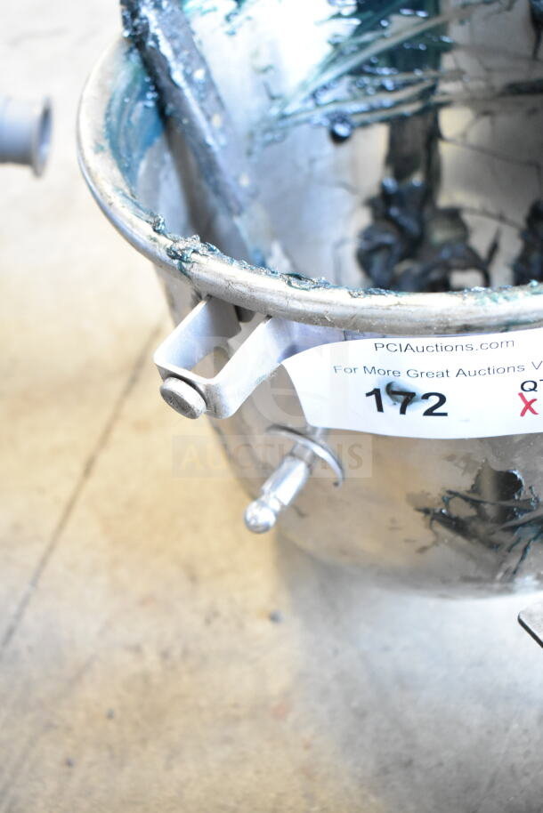 Metal mixing bowl with attachment brackets, slightly tarnished, visible PCI Auctions label with item number 172.