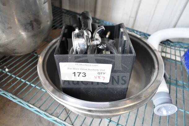 Metal bowls, portafilters, and poly bin set of 7 items, condition good, auction lot labeled 173, QTY 7.