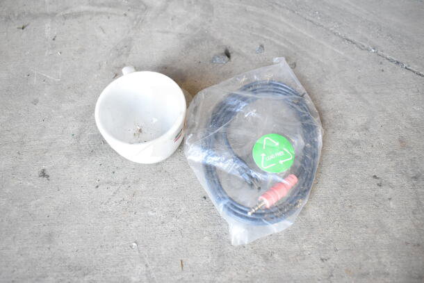 7-item lot including bowl, portafilters, and poly bin. Bowl and cable with “Lead Free” label shown, fair condition.