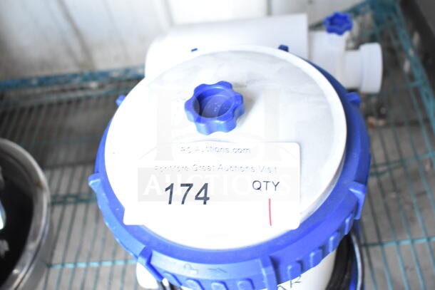 FlowClear 90403E Filter Pump with blue top, 110-120V, 1 Phase, tag reading "174" visible, in excellent condition.
