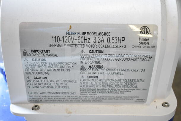 FlowClear 90403E Filter Pump label with 110-120V, 60Hz, 3.3A, 0.53HP specifications and safety warnings.