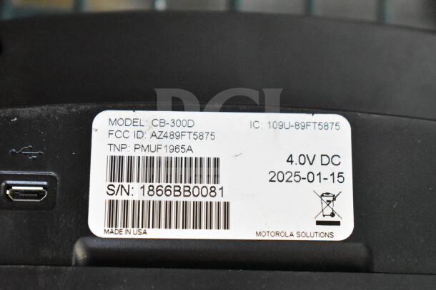 2 Motorola CB300-D 6-Channel UHF Digital Call Box, FCC ID AZ489FT5875, S/N 1866BB0081, made in USA, 902-928 MHz.