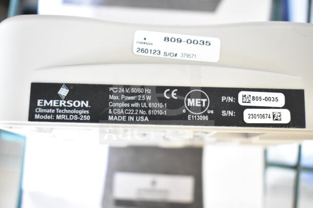 Emerson MRLDS-250 Infrared Gas Detector, model details, 24V, 2.5W, UL/CSA compliant, Made in USA, serial label 23010674.