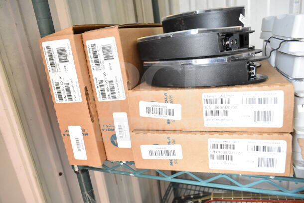 Boxes containing various items including CB300-D digital callbox. Labels show serial numbers and model details. 12 items total.