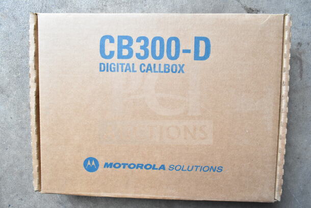 Cardboard box labeled "CB300-D Digital Callbox" by Motorola Solutions. Item part of a 12-item auction lot.