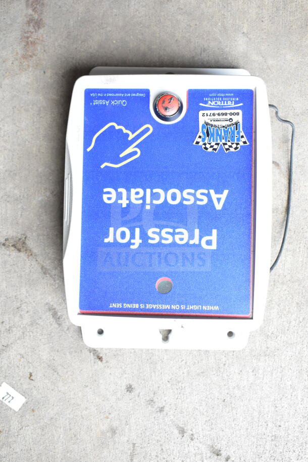 CB300-D digital callbox with blue "Press for Assistance" label. Includes Franks sticker and emergency button. Slight wear visible.