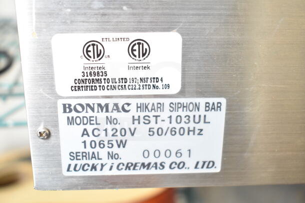 Bonmac HST-103UL Hikari Siphon Bar label, 120V, 1065W, ETL listed, conforms to UL STD 197, NSF STD 4, serial 00061.