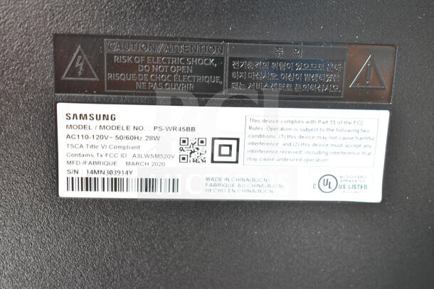 Samsung PS-WR45BB speaker, model details and safety markings visible. AC110-120V, 28W, manufactured March 2020.