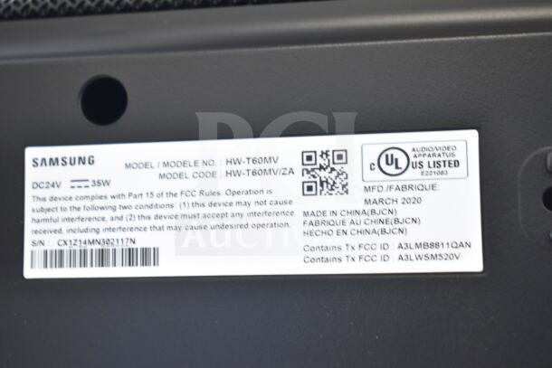 Samsung HW-T60MV Sound Bar label displaying model, FCC compliance, and March 2020 manufacture date.