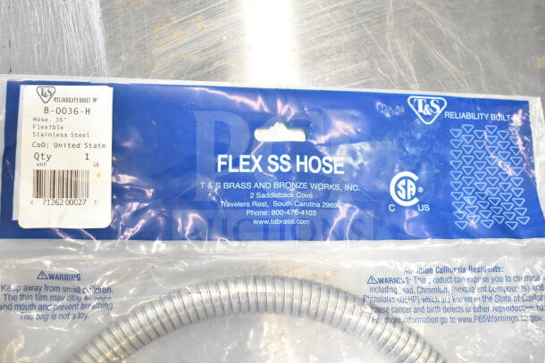T&S B-0036-H 36" flexible stainless steel hose, new in packaging with label indicating U.S. origin and CSA certification.