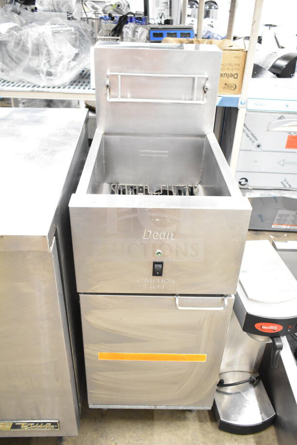 2023 Frymaster SR114ESD electric fryer, floor style, stainless steel, 208V, 3-phase, excellent condition, "Caution Hot" label.