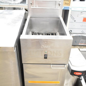 2023 Frymaster SR114ESD electric fryer, floor style, stainless steel, 208V, 3-phase, excellent condition, "Caution Hot" label.