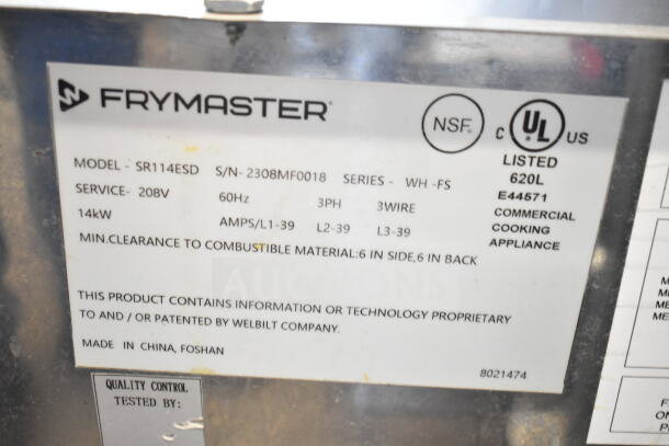 2023 Frymaster SR114ESD commercial electric fryer, 208V, 3-phase. Features label with specifications and certifications.