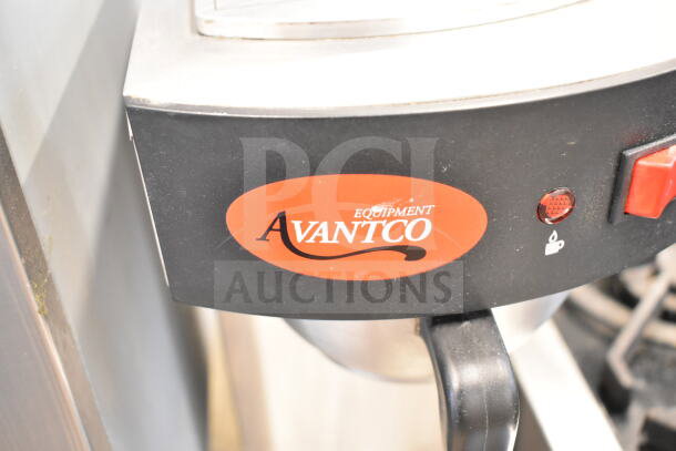 Avantco C15 Commercial Coffee Machine, black finish, visible Avantco logo, 120 volts, shows power switch.