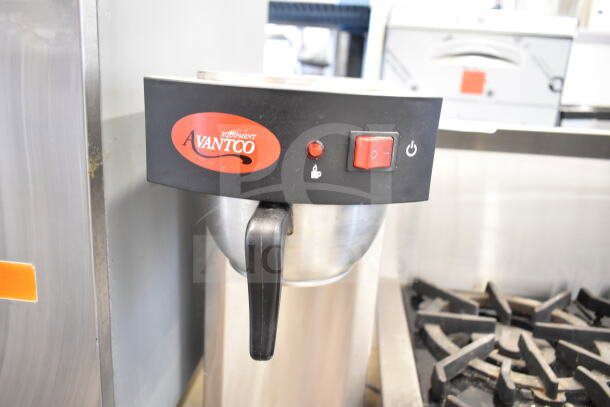 Avantco C15 Commercial Coffee Machine, countertop model, 120 Volts, 1 Phase, stainless steel, with control buttons and Avantco logo.