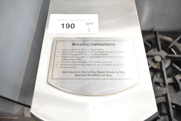 Avantco C15 Commercial Coffee Machine with brewing instructions, stainless steel body, 120 Volts, 1 Phase, model C15.