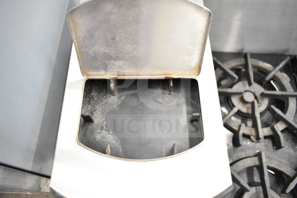 Avantco C15 commercial coffee machine, stainless steel, used condition, 120 volts, 1 phase, lid open showing interior.