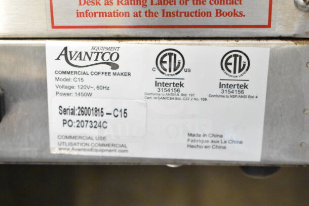 Avantco C15 Commercial Coffee Maker, 120V, 1 Phase, Model C15. ETL certified. Serial: 26001815-C15. Made in China.