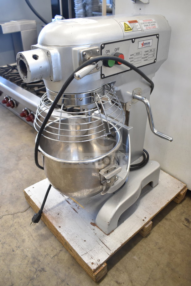 Omcan VFM10B 10 Quart Commercial Dough Mixer with bowl and guard, 110 volts, silver finish, in good condition.