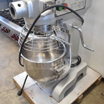Omcan VFM10B 10 Quart Commercial Dough Mixer with bowl and guard, 110 volts, silver finish, in good condition.