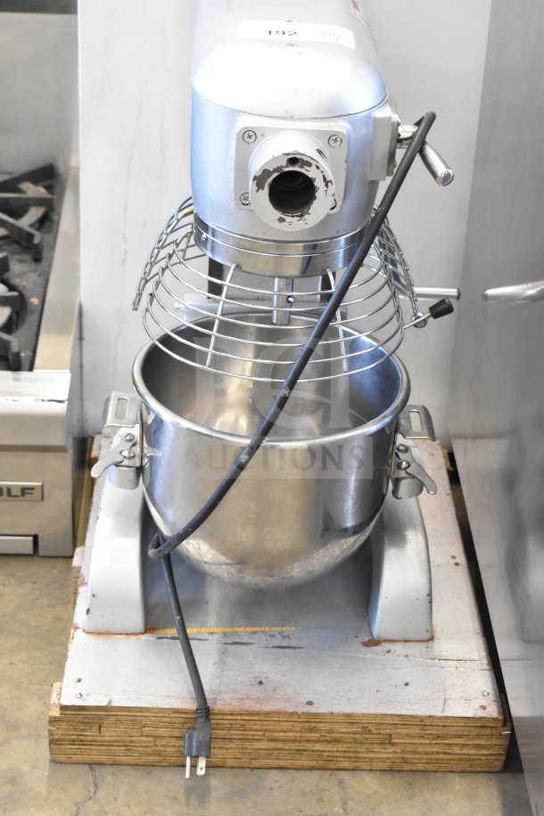 Omcan VFM10B 10-Quart Commercial Dough Mixer, with mixing bowl and bowl guard, 110V, 1 phase, shows moderate wear.