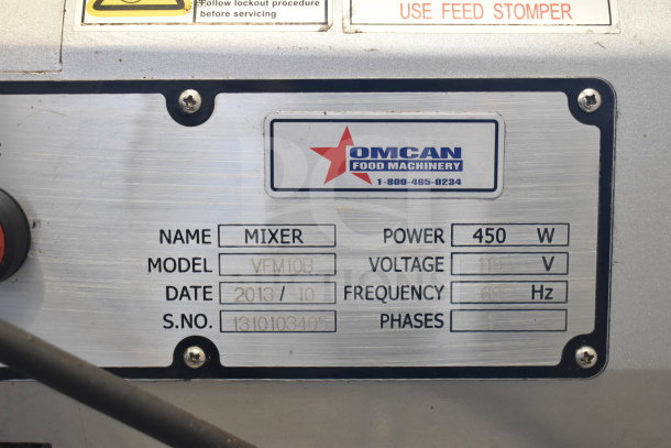 Omcan VFM10B 10 Quart Planetary Dough Mixer, 110V, 450W, with mixing bowl, bowl guard, and labeled controls.