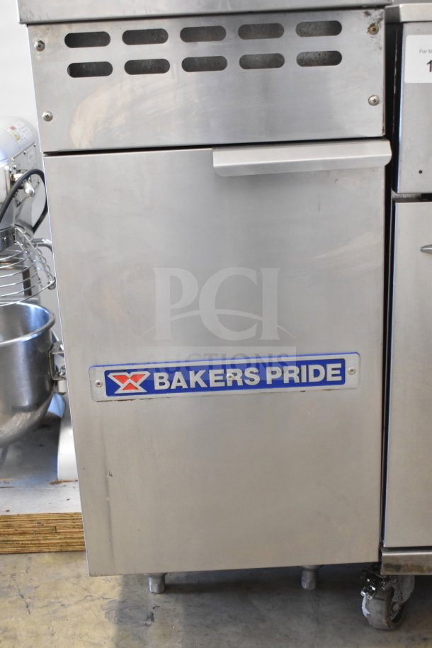 Bakers Pride commercial gas deep fat fryer in stainless steel, floor style, sturdy build, visible brand logo.