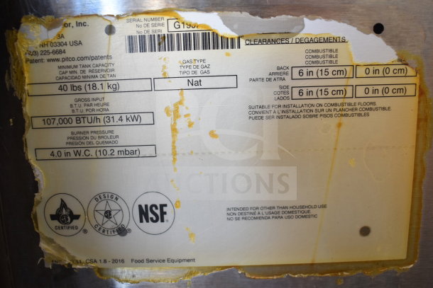 2019 Pitco Frialator natural gas deep fat fryer, 107,000 BTU, floor model on casters. Label shows certifications and clearances.