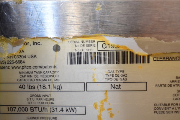 2019 Pitco Frialator natural gas deep fryer label showing 107,000 BTU, 40 lbs capacity, serial number G190.