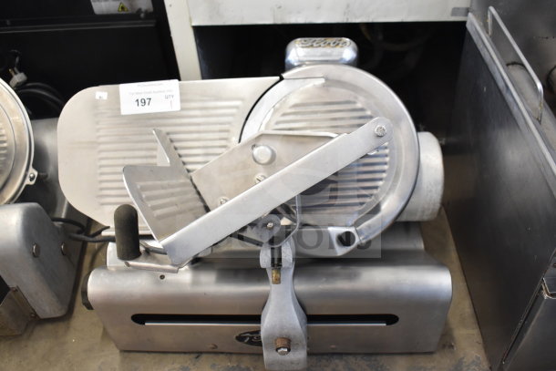 Globe 500 commercial countertop meat slicer with blade sharpener, 115 volts, 1 phase. Durable stainless steel construction.
