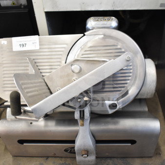 Globe 500 commercial countertop meat slicer with blade sharpener, 115 volts, 1 phase. Durable stainless steel construction.