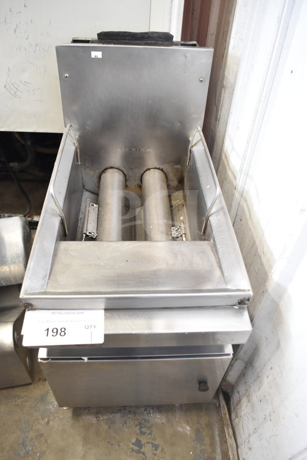 Countertop gas-powered deep fat fryer, stainless steel, dual tube design, used condition, with visible auction tag 198.