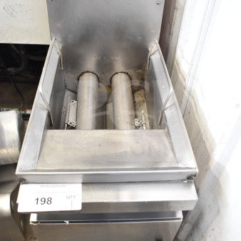 Countertop gas-powered deep fat fryer, stainless steel, dual tube design, used condition, with visible auction tag 198.