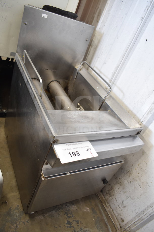Countertop gas-powered deep fat fryer, stainless steel, includes frying basket area. Auction tag 198 visible.