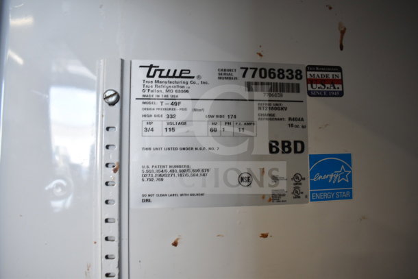 True T-49F commercial freezer label details, featuring serial number, model, voltage, Energy Star, NSF certification, and Made in USA.