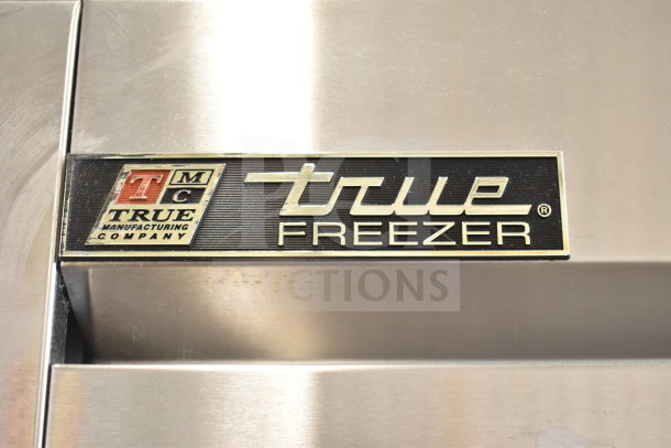 True T-49F Commercial Freezer nameplate, featuring the "True Freezer" logo and manufacturer details on stainless steel.