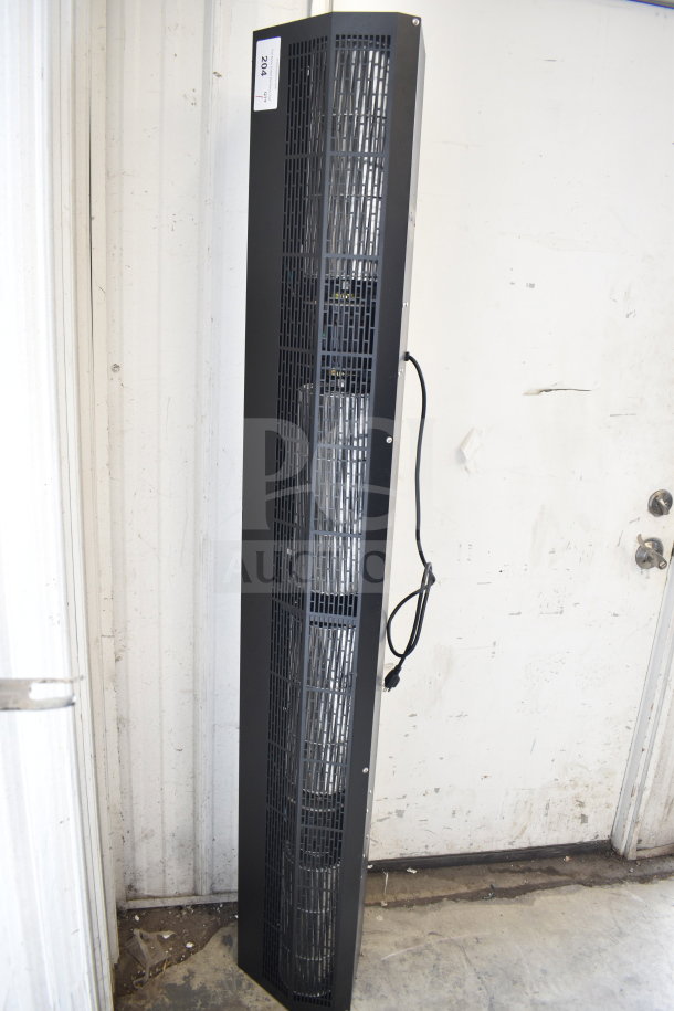 Air curtain, black, 115 volts, 1 phase, upright position, visible power cord, condition appears new, auction tag "204".