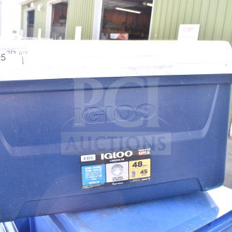 Igloo 48 Quart Portable Cooler, blue with white lid, Cool Riser Technology, good condition, label indicates capacity.