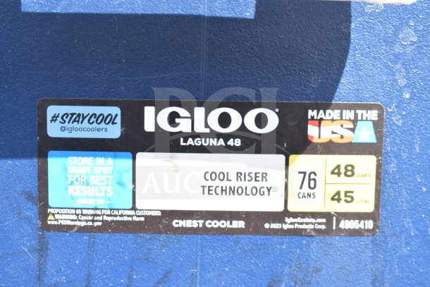 Igloo 48 Quart Portable Cooler with Cool Riser Technology; stores 76 cans; chest cooler; Made in USA label visible.