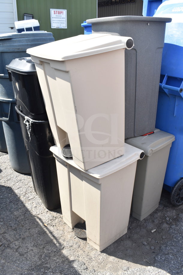 Six assorted trash cans in various colors and conditions, featuring lids and pedal mechanisms, suitable for outdoor use.