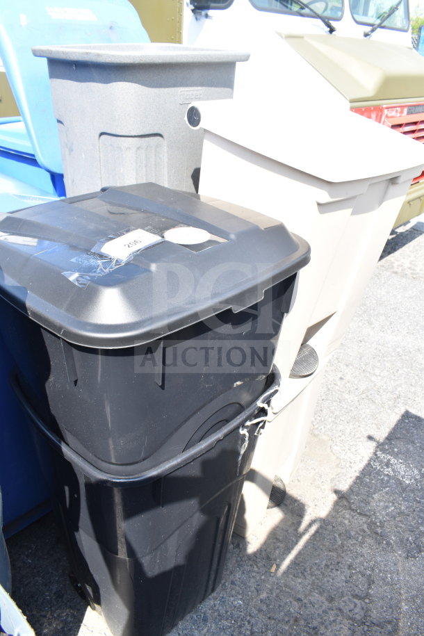 Six various trash cans of different sizes and colors, labeled "208", shown in outdoor setting.