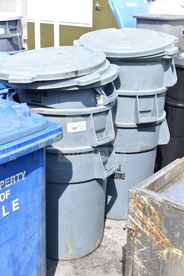Six Rubbermaid Brute gray poly trash cans in good condition, marked as model 207, with sturdy construction.