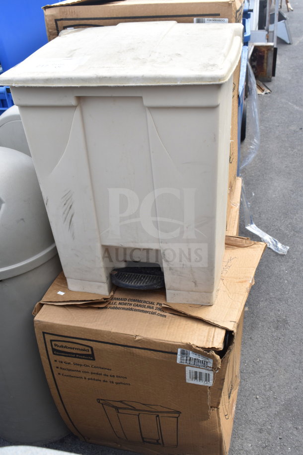 Four Rubbermaid tan poly trash cans, each with a step-on pedal, 18-gallon capacity. Light wear visible.