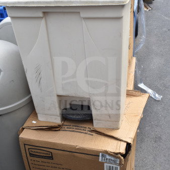 Four Rubbermaid tan poly trash cans, each with a step-on pedal, 18-gallon capacity. Light wear visible.