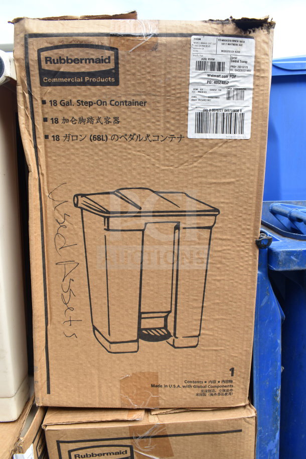 4 Rubbermaid tan poly trash cans, 18-gallon step-on containers. Includes original packaging with product labels.