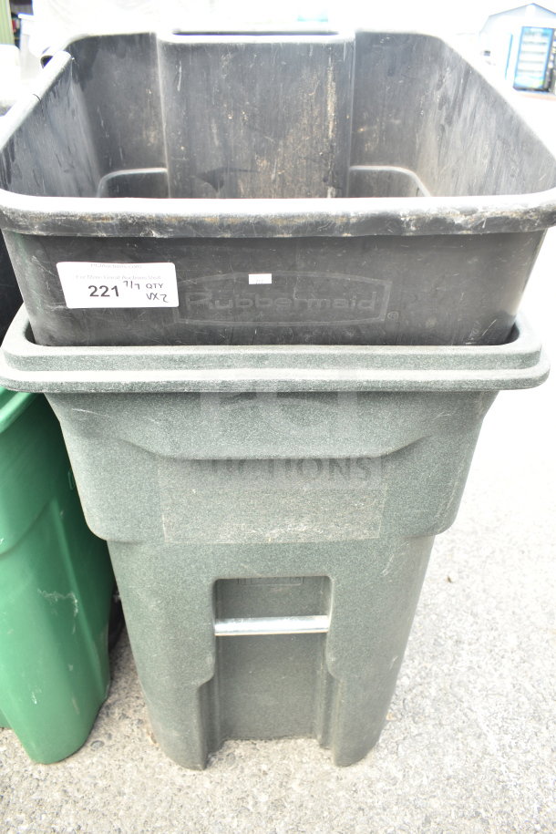 Two poly trash cans, one gray Rubbermaid, slightly worn. Label reads: "221, 1 QTY, X2." Ideal for outdoor waste.
