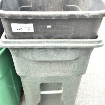 Two poly trash cans, one gray Rubbermaid, slightly worn. Label reads: "221, 1 QTY, X2." Ideal for outdoor waste.